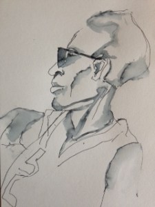 Afrique man. Len Art kunst: inkt met water op papier. Afmetingen 15 x 21. Humor en kado - portret.