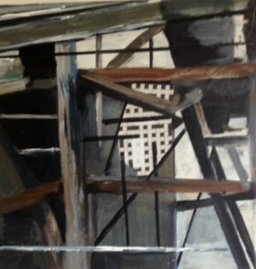 Boerderij geraamte. Len Art kunst: mixed media met olieverf, papier op doek. Afmetingen 40 x 40. Verval bouwval.