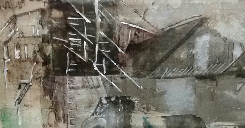 Boerderij Limburg. Len Kramer -Len Art kunst: mixed media, acryl en inkt op katoen. Afmetingen 14 x 40 cm. Verval bouwval.