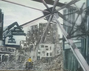 Bombardement. Len Art kunst: mixed media, acryl op canvas. Afmetingen 75 bij 1.15 meter. Oorlog en onrust.