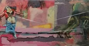 Dansende toerist en schaduwzijde. Len Art kunst: mixed media, acryl, inkt, zilverdraad op karton. Afmetingen: 17 x 40 cm. Verval.