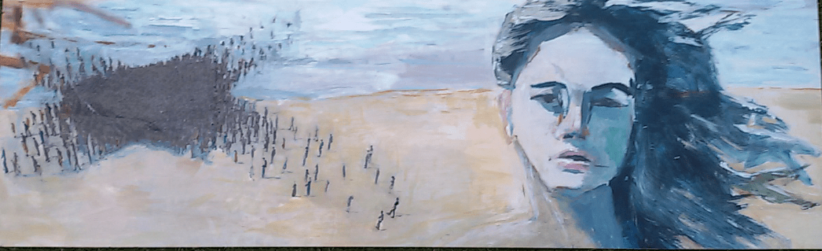 Griekenland vakantie en vluchtelingen. Len Art kunst: mixed media, acryl op papier. Afmetingen 0.36 x 1.15 meter. Oorlog en onrust.