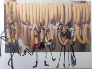 Het zal mij een worst wezen. Len Art kunst: inkt en acryl op papier. Afmetingen 15 x 20 cm. Humor.