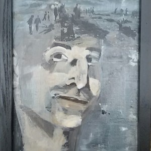 Portret In je hoofd. Len Art kunst: mixed media, acryl en inkt op hardboard. Afmetingen 34 x 45 cm. Mensen.