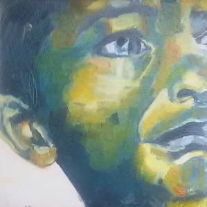 Portret Jongen angst. Len Art kunst: olieverf op hardboard. Afmetingen 20 x 20 cm. Mensen Kinderen.