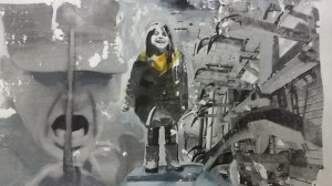 Lachend kind ondanks alles - Kinderen - systeem. Len Art kunst: mixed media, acryl en inkt op katoen. Afmetingen 30 x 50 cm