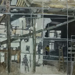 Leven in puin. Len Art kunst: mixed media, acryl op katoen. Afmetingen 1.05 x 1.50 meter. Verval.