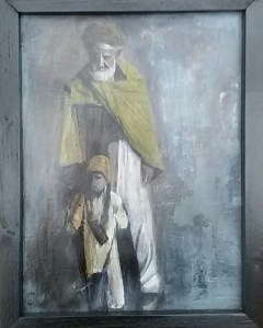 Man en kind. Len Art kunst: mixed media, inkt en acryl. Afmetingen 34 x 45 cm. Mensen Kinderen.