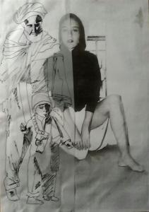 Man met kind en vrouw. Len Art kunst: mixed media inkt op papier. Afmetingen 35 X 25 cm. Mensen Kinderen.