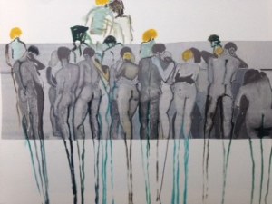 Samen lange benen. Len Art kunst: inkt en acryl op papier. Afmetingen 15 x 20 cm. Humor.