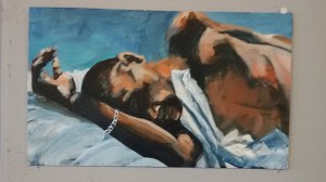 Slapende man. Len Art kunst: olieverf op karton. Afmetingen 17 x 40 cm. Mensen.