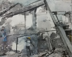 Spelende kinderen tussen puin 2. Len Art kunst: mixed media acryl, inkt op katoen. Afmetingen 30 x 50 cm. Verval.