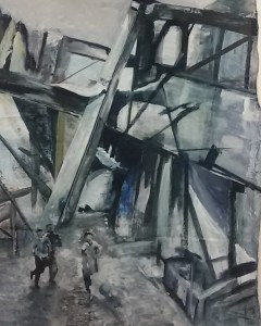 Spelende kinderen tussen puin. Len Art kunst: mixed media, acryl op katoen. Afmetingen 1.20 x 1.50 meter. Oorlog en onrust.