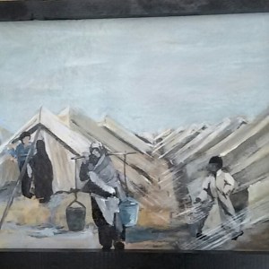 Tentenkamp 2 vluchtelingen emmers. Len Art kunst: acryl op hardboard. Afmetingen 34 x 45 cm. Oorlog en onrust.