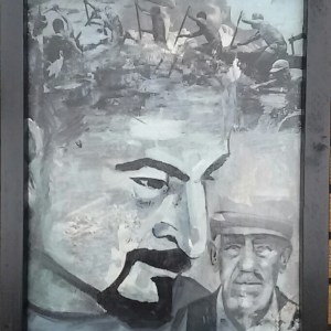 Terugblik oorlog. Len Art kunst: mixed media, acryl en inkt op hardboard. Afmetingen 34 x 45 cm. Mensen.